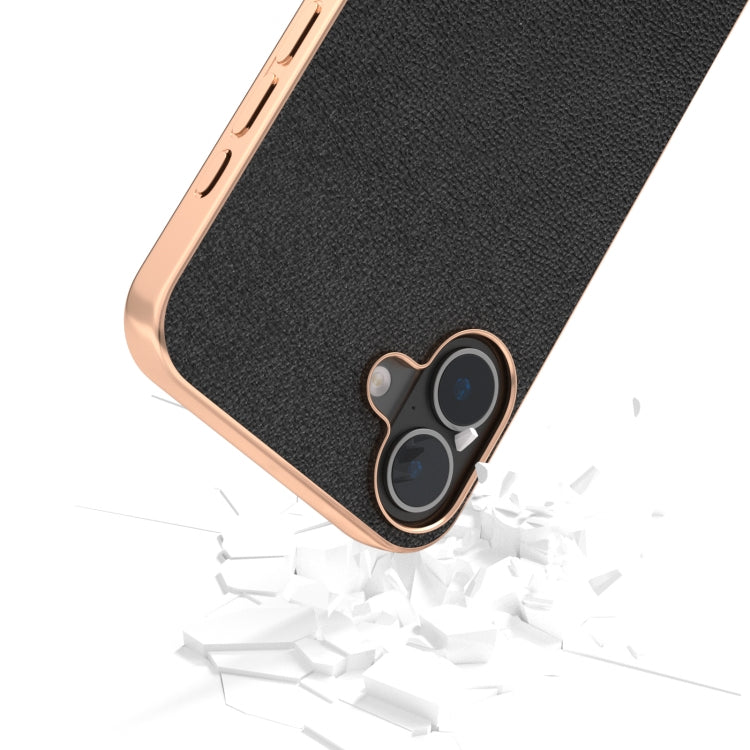 For iPhone 16 ABEEL Electroplating Frame Genuine Leather Luolai Series Phone Case(Black) - iPhone 16 Cases by buy2fix | Online Shopping UK | buy2fix