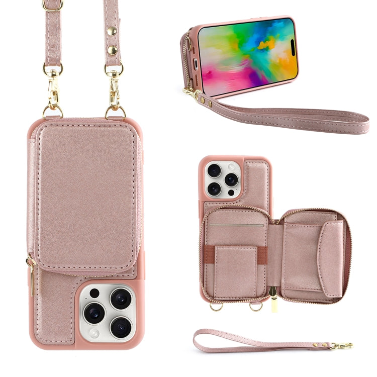 For iPhone 16 Pro Crossbody Zipper Wallet Bag Leather Phone Case with Lanyard(Rose Gold) - iPhone 16 Pro Cases by buy2fix | Online Shopping UK | buy2fix