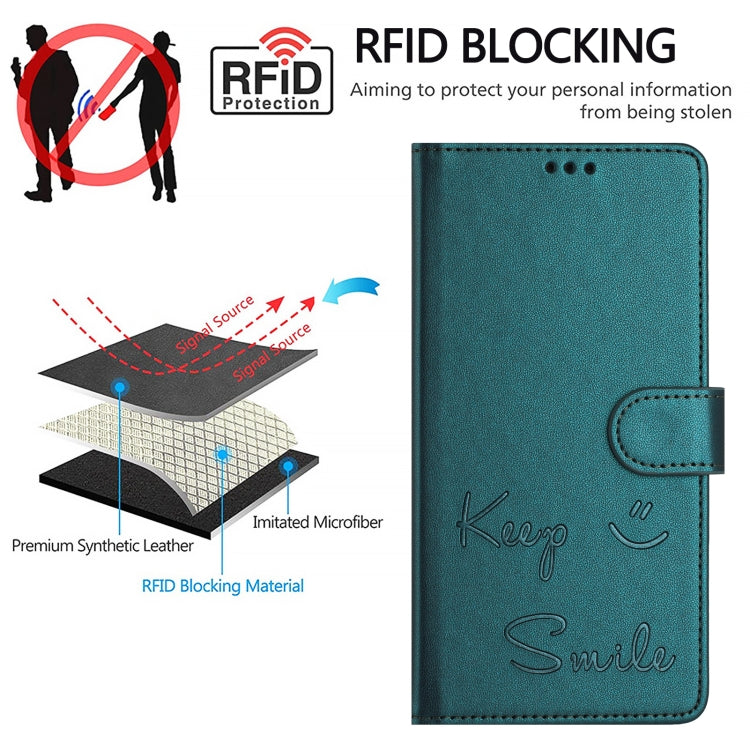 For iPhone SE 2024 Smile Embossing RFID Leather Phone Case(Peacock Green) - More iPhone Cases by buy2fix | Online Shopping UK | buy2fix