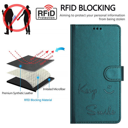 For iPhone SE 2024 Smile Embossing RFID Leather Phone Case(Peacock Green) - More iPhone Cases by buy2fix | Online Shopping UK | buy2fix