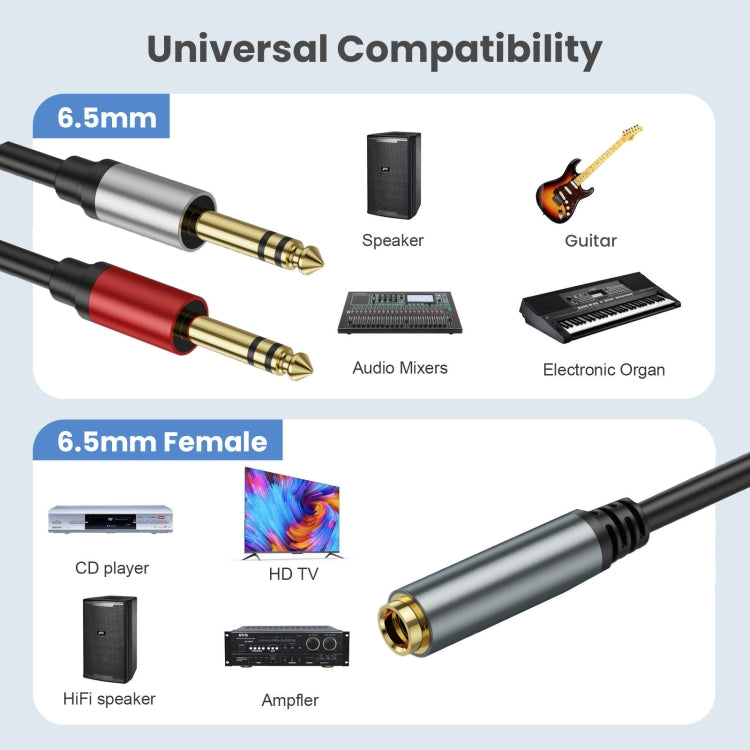 5m Gold Plated 6.35mm Female to 2 x 6.35mm Male Stereo Audio Adapter Y Splitter Cable(Black) - Video & Audio Cable by buy2fix | Online Shopping UK | buy2fix