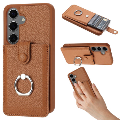 For Samsung Galaxy S25 5G Litchi Texture Drawing Card Bag Ring Holder Phone Case(Brown) - Galaxy S25 5G Cases by buy2fix | Online Shopping UK | buy2fix