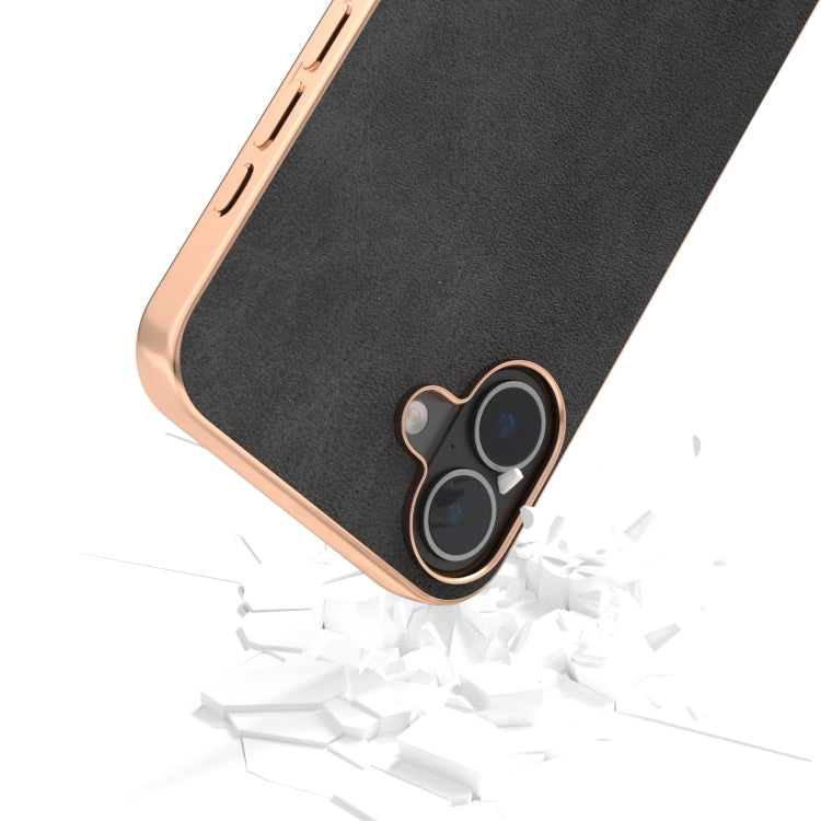 For iPhone 16 Plus Nano Electroplating Dual Color Cowhide Texture Protective Phone Case(Black) - iPhone 16 Plus Cases by buy2fix | Online Shopping UK | buy2fix