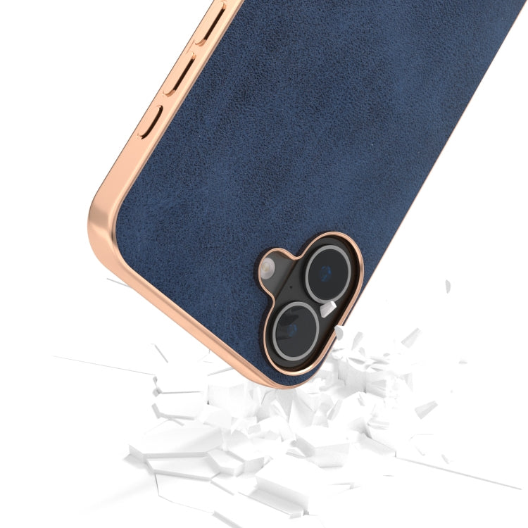 For iPhone 16 Plus Nano Electroplating Dual Color Cowhide Texture Protective Phone Case(Blue) - iPhone 16 Plus Cases by buy2fix | Online Shopping UK | buy2fix