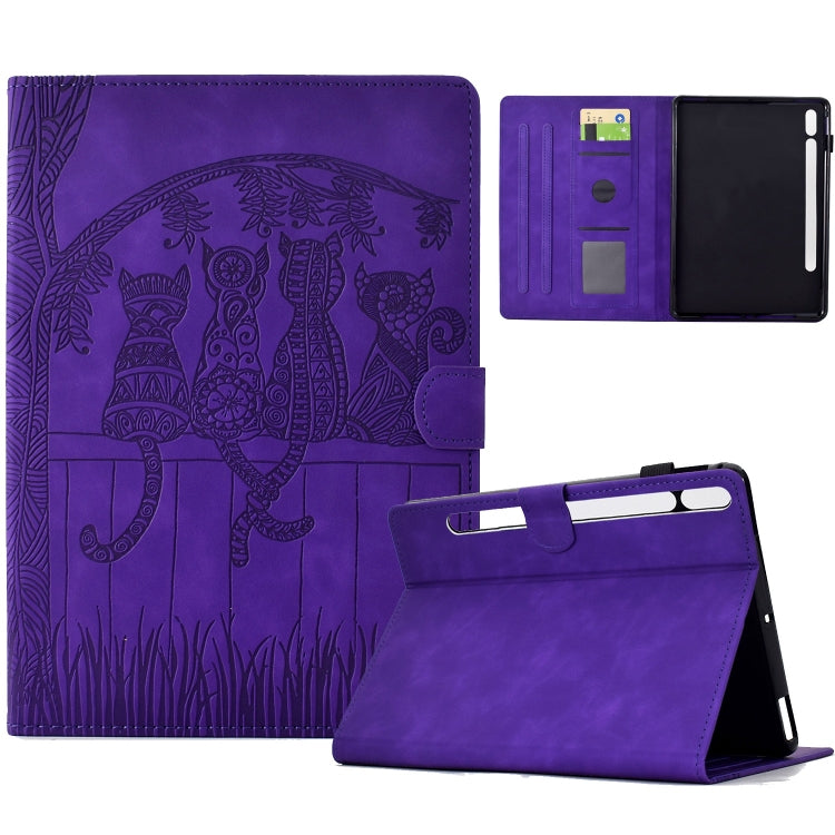 For Samsung Galaxy Tab S9 / S9 FE Cats Embossed Leather Smart Tablet Case(Purple) - Galaxy Tab S9 Cases by buy2fix | Online Shopping UK | buy2fix