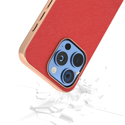 For iPhone 16 Pro ABEEL Electroplating Frame Cross Texture Genuine Leather Phone Case(Red) - iPhone 16 Pro Cases by buy2fix | Online Shopping UK | buy2fix