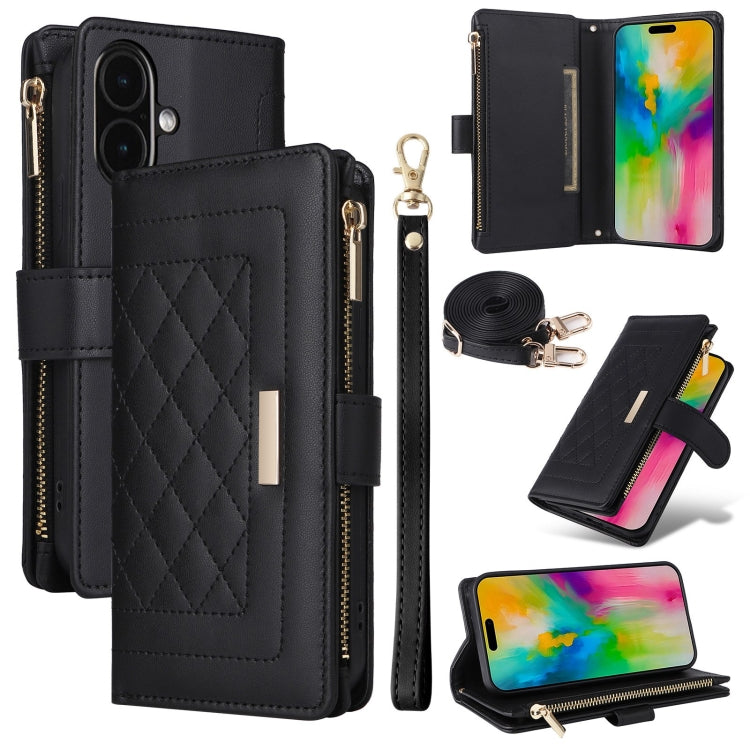 For iPhone 16 Plus Crossbody Zipper Wallet Rhombus Leather Phone Case(Black) - iPhone 16 Plus Cases by buy2fix | Online Shopping UK | buy2fix