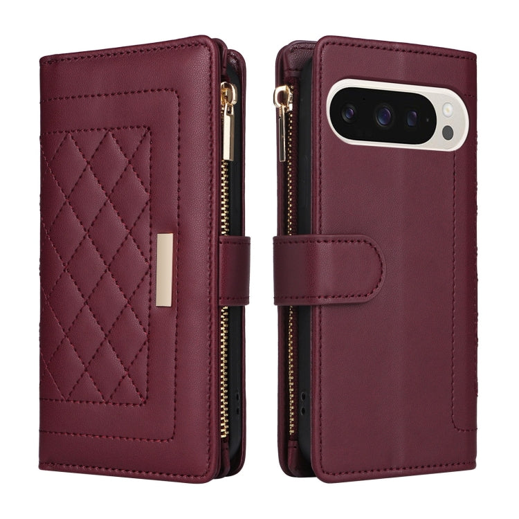 For Google Pixel 9 / 9 Pro Crossbody Zipper Wallet Rhombus Leather Phone Case(Wine Red) - Google Cases by buy2fix | Online Shopping UK | buy2fix