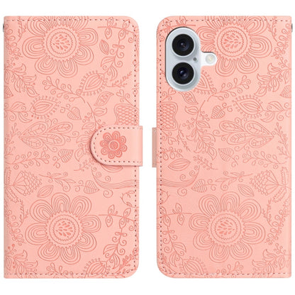 For iPhone 16 Floral Embossed Pattern Leather Phone Case(Pink) - iPhone 16 Cases by buy2fix | Online Shopping UK | buy2fix