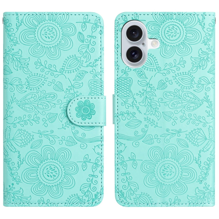 For iPhone 16 Floral Embossed Pattern Leather Phone Case(Light Green) - iPhone 16 Cases by buy2fix | Online Shopping UK | buy2fix