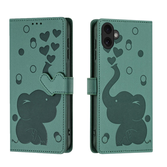 For iPhone 16 Cartoon Elephant Embossed Leather Phone Case(Green) - iPhone 16 Cases by buy2fix | Online Shopping UK | buy2fix