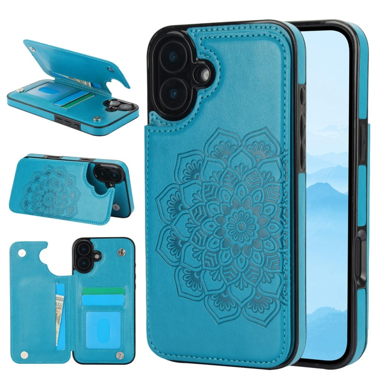 For iPhone 16 Double Buckle Mandala Leather Wallet Back Cover Phone Case(Blue) - iPhone 16 Cases by buy2fix | Online Shopping UK | buy2fix