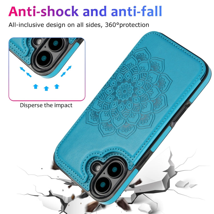 For iPhone 16 Double Buckle Mandala Leather Wallet Back Cover Phone Case(Blue) - iPhone 16 Cases by buy2fix | Online Shopping UK | buy2fix