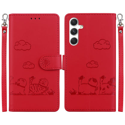 For Samsung Galaxy S25 5G Cute Cats RFID Leather Phone Case(Red) - Galaxy S25 5G Cases by buy2fix | Online Shopping UK | buy2fix