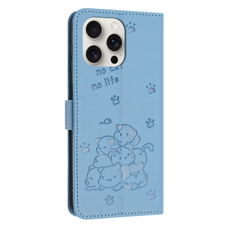 For iPhone 16 Pro Max Embossed Kitten Phone Leather Case with Lanyard(Blue) - iPhone 16 Pro Max Cases by buy2fix | Online Shopping UK | buy2fix