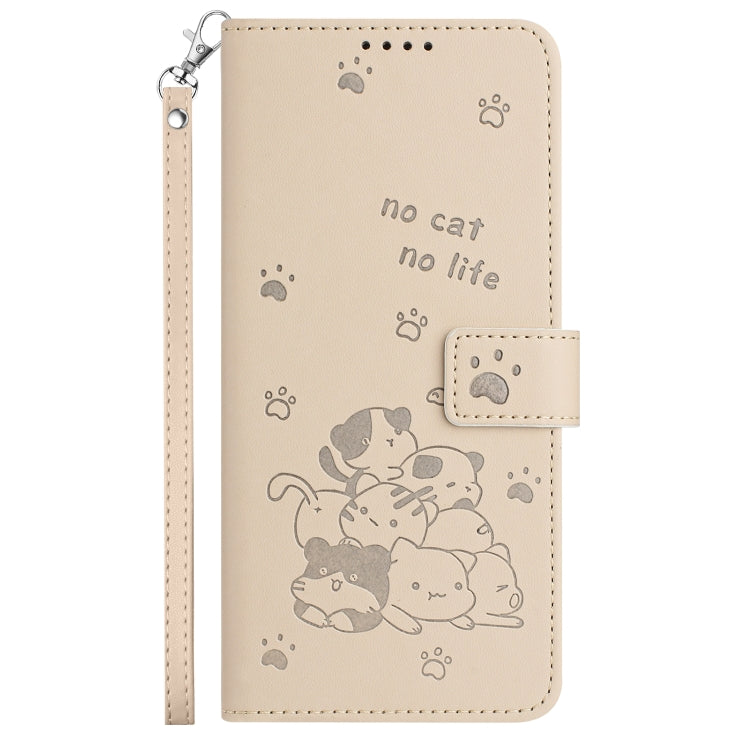 For iPhone 16 Embossed Kitten Phone Leather Case with Lanyard(Beige) - iPhone 16 Cases by buy2fix | Online Shopping UK | buy2fix