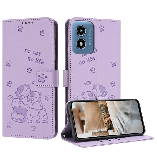 For Motorola Moto G Play 4G 2024 Embossed Kitten Phone Leather Case with Lanyard(Purple) - Motorola Cases by buy2fix | Online Shopping UK | buy2fix