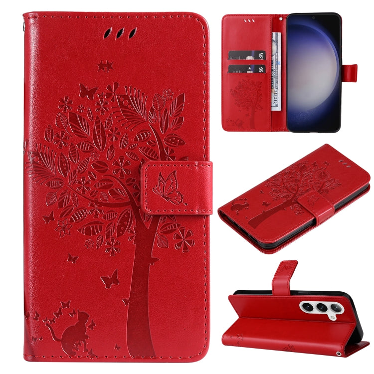 For Samsung Galaxy S25 / S24 5G Tree & Cat Embossed Pattern Flip Leather Phone Case(Red) - Galaxy S25 5G Cases by buy2fix | Online Shopping UK | buy2fix