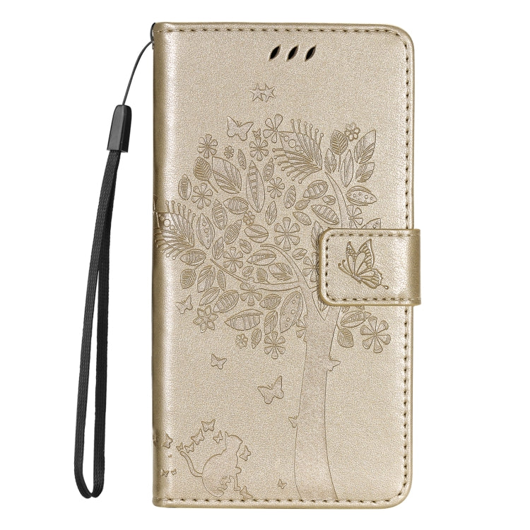 For Samsung Galaxy S25 / S24 5G Tree & Cat Embossed Pattern Flip Leather Phone Case(Gold) - Galaxy S25 5G Cases by buy2fix | Online Shopping UK | buy2fix