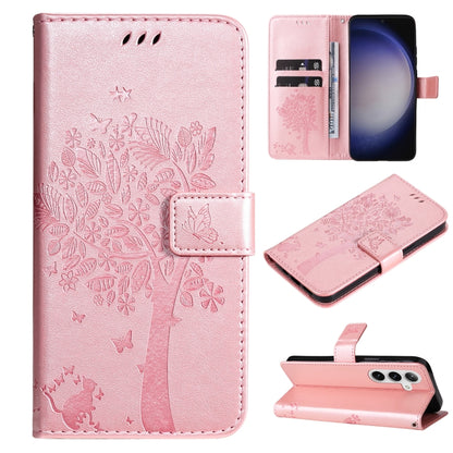 For Samsung Galaxy S25+ / S24+ 5G Tree & Cat Embossed Pattern Flip Leather Phone Case(Rose Gold) - Galaxy S25+ 5G Cases by buy2fix | Online Shopping UK | buy2fix