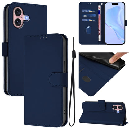 For iPhone 16 Skin Feel Solid Color Leather Phone Case with Lanyard(Navy Blue) - iPhone 16 Cases by buy2fix | Online Shopping UK | buy2fix