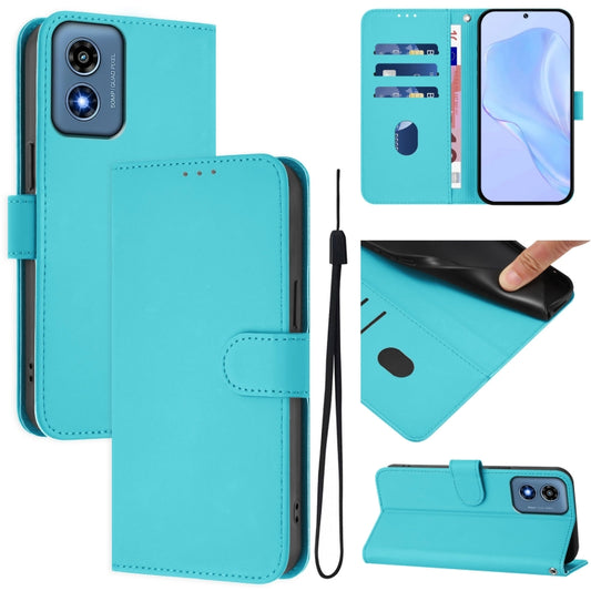 For Motorola Moto G Play 4G 2024 Global Skin Feel Solid Color Leather Phone Case with Lanyard(Lake Blue) - Motorola Cases by buy2fix | Online Shopping UK | buy2fix