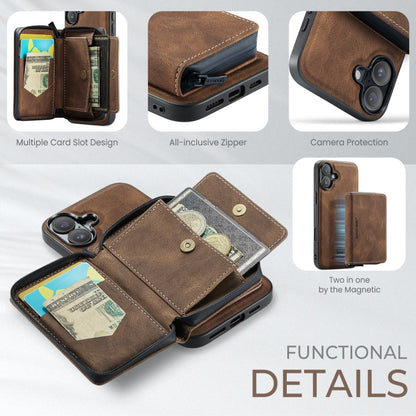 For iPhone 16 JEEHOOD J02 Magnetic Zipper Horizontal Flip Leather Phone Case(Brown) - iPhone 16 Cases by JEEHOOD | Online Shopping UK | buy2fix