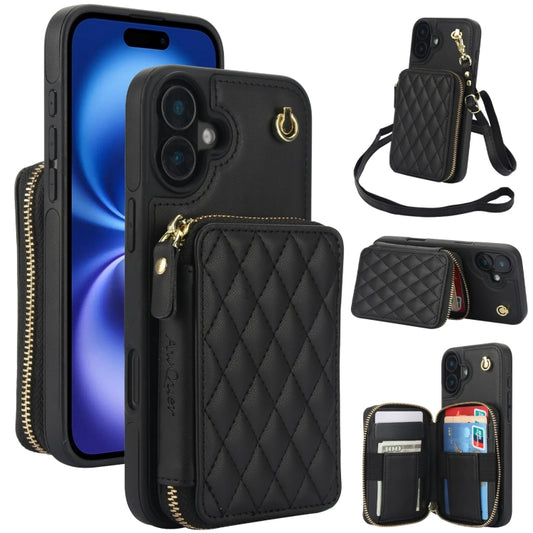 For iPhone 16 AwQuer Crossbody Zipper Wallet Rhombic Leather Back Phone Case(Black) - iPhone 16 Cases by Awquer | Online Shopping UK | buy2fix