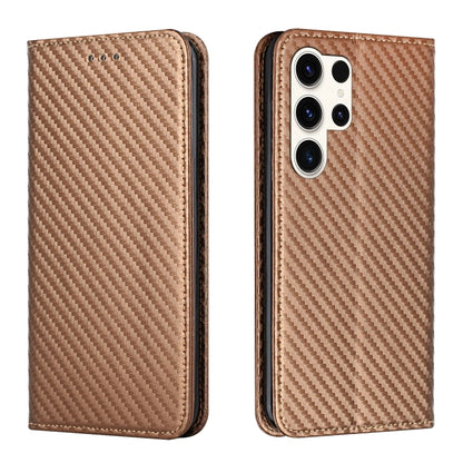 For Samsung Galaxy S25 Ultra 5G Carbon Fiber Texture Magnetic Flip Leather Phone Case(Brown) - Galaxy S25 Ultra 5G Cases by buy2fix | Online Shopping UK | buy2fix