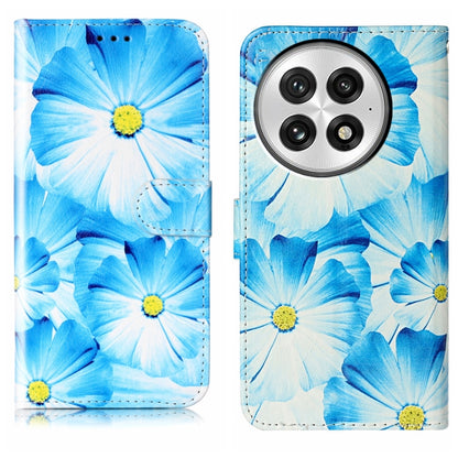 For OnePlus 13 Colored Drawing Marble Pattern Leather Phone Case(Blue Flower) - OnePlus Cases by buy2fix | Online Shopping UK | buy2fix