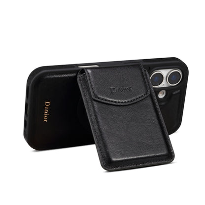 For iPhone 16 Plus Denior D22 Genuine Leather MagSafe Holder Detachable Card Slot Phone Case(Black) - iPhone 16 Plus Cases by Denior | Online Shopping UK | buy2fix