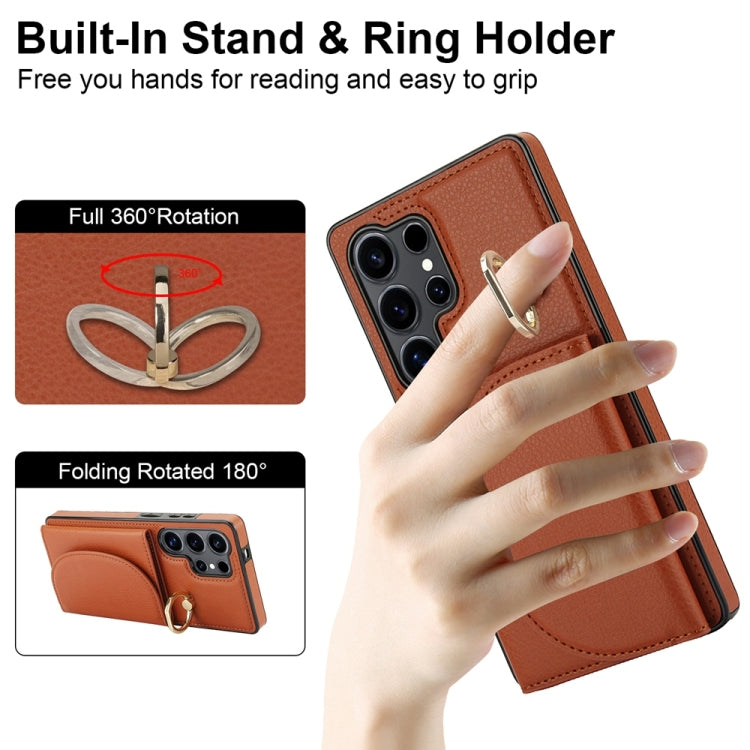 For Samsung Galaxy S25 Ultra 5G Ring Holder Card Bag Skin Feel Phone Case(Brown) - Galaxy S25 Ultra 5G Cases by buy2fix | Online Shopping UK | buy2fix