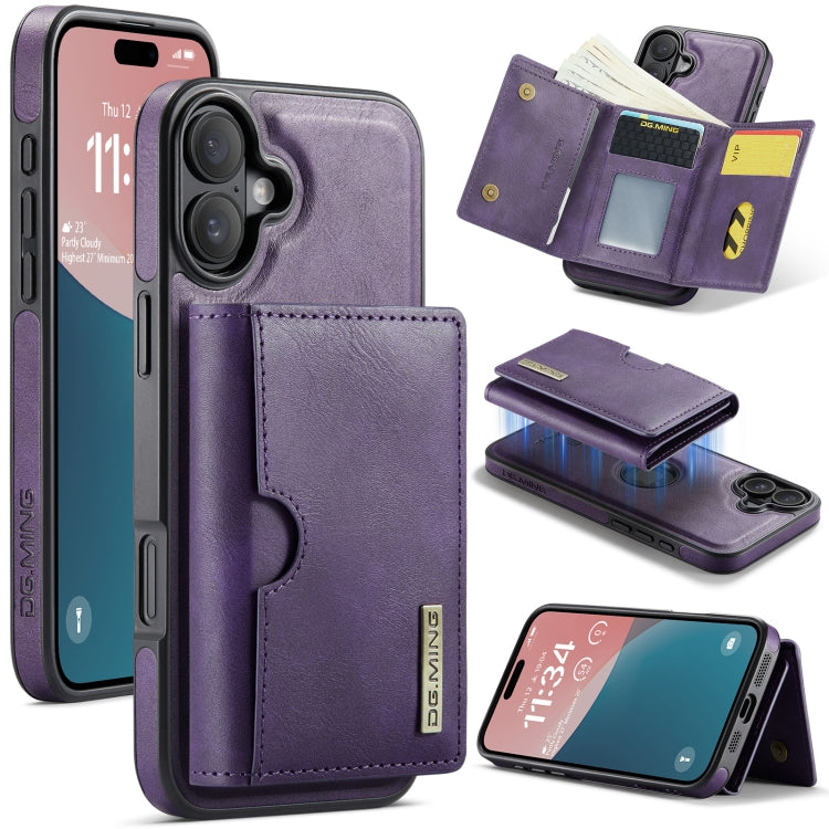 For iPhone 16 Plus DG.MING M6 Series RFID Tri-fold Card Bag Removable Leather Phone Case(Purple) - iPhone 16 Plus Cases by DG.MING | Online Shopping UK | buy2fix