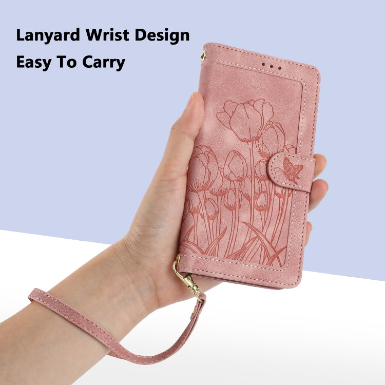 For Samsung Galaxy S25 5G Tulips Embossed Leather Phone Case with Lanyard(Pink) - Galaxy S25 5G Cases by buy2fix | Online Shopping UK | buy2fix