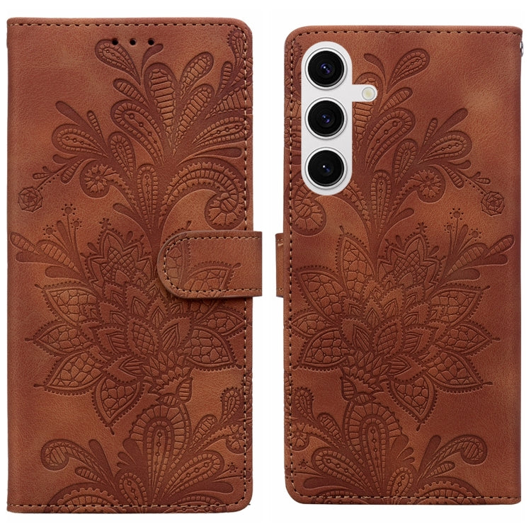 For Samsung Galaxy S25+ 5G Lace Floral Embossed Magnetic Buckle PU Phone Case With Wrist Strap(Brown) - Galaxy S25+ 5G Cases by buy2fix | Online Shopping UK | buy2fix