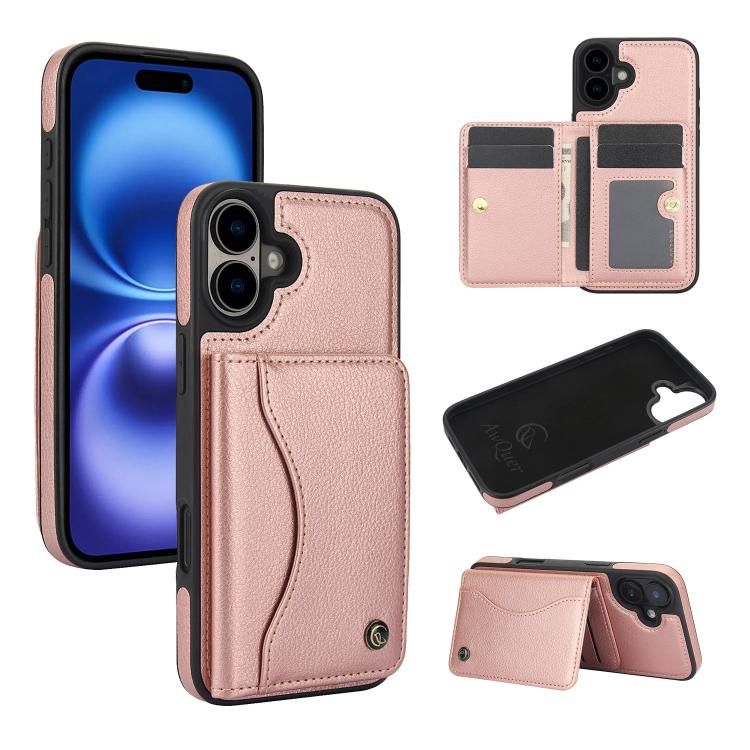 For iPhone 16 Plus AwQuer Horizontal Flip Card Bag Holder Leather Phone Case(Rose Gold) - iPhone 16 Plus Cases by Awquer | Online Shopping UK | buy2fix