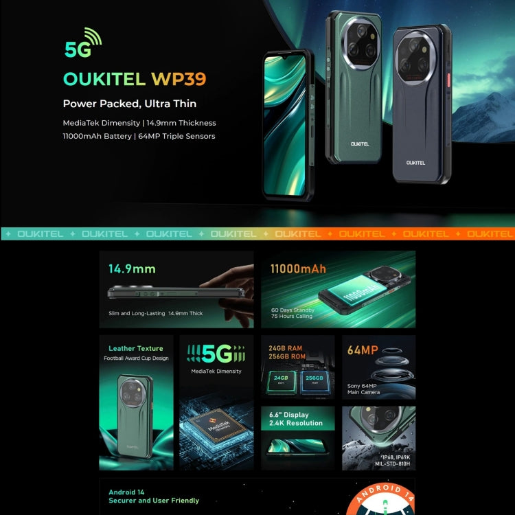 Oukitel WP39 5G Rugged Phone, 6GB+256GB, Night Vision, Fingerprint Identification, 6.6 inch MediaTek Dimensity 6100+ Octa Core, NFC, OTG, Network: 5G (Green) - OUKITEL by OUKITEL | Online Shopping UK | buy2fix