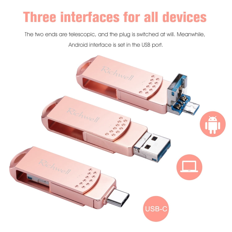 Richwell 3 in 1 128G Type-C + Micro USB + USB 3.0 Metal Flash Disk with OTG Function(Silver) - U Disk & Card Reader by Richwell | Online Shopping UK | buy2fix
