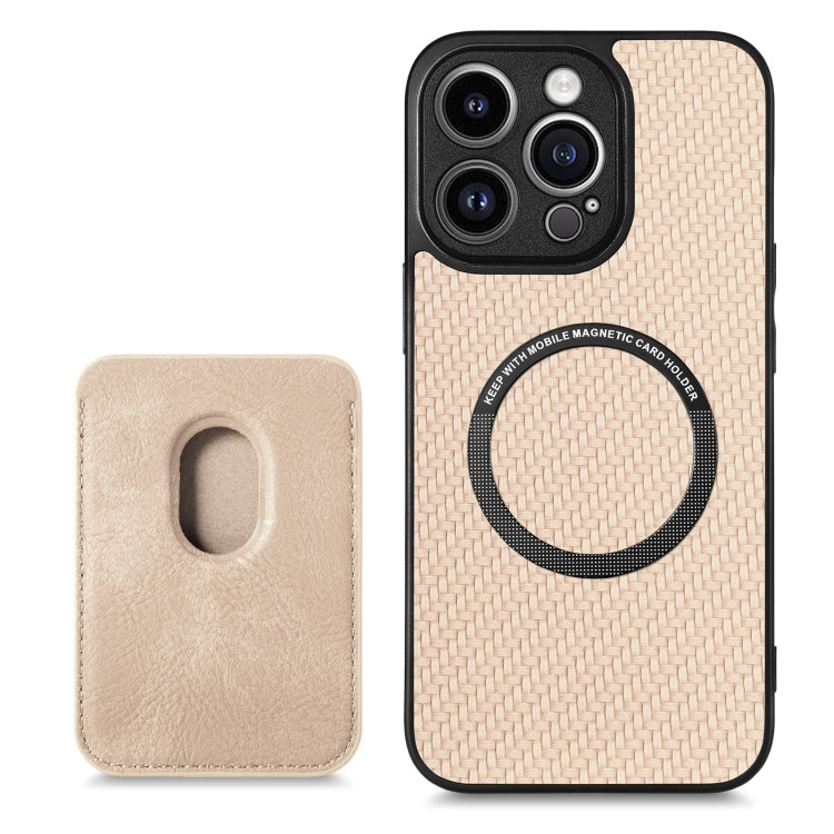 For iPhone 13 Pro Max Carbon Fiber Leather Card Magsafe Magnetic Phone Case(Khaki) - iPhone 13 Pro Max Cases by buy2fix | Online Shopping UK | buy2fix