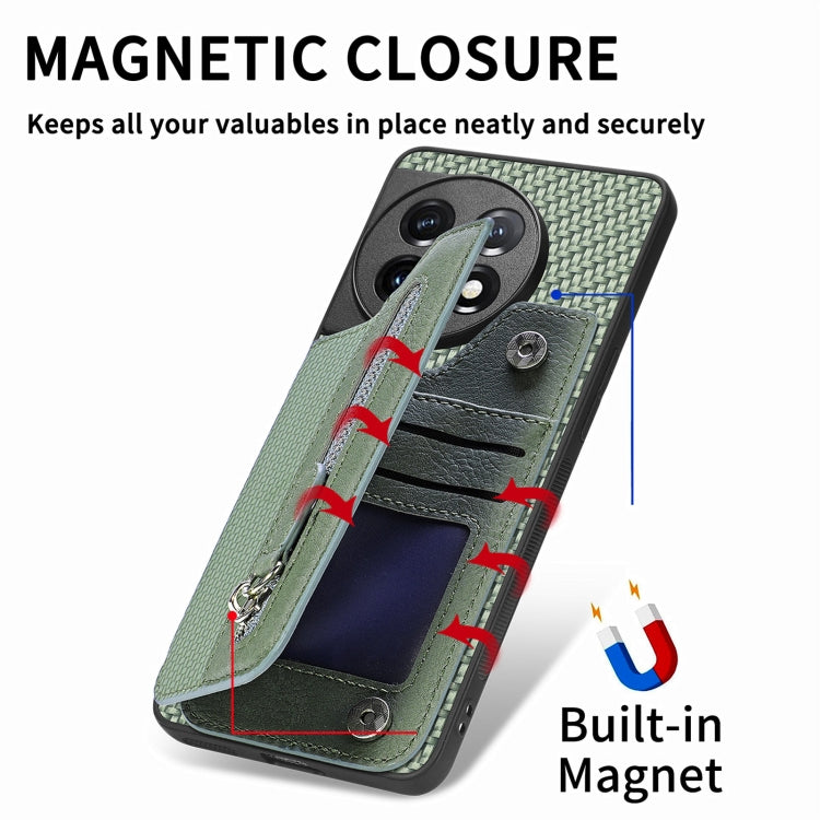 For OnePlus 11 Carbon Fiber Horizontal Flip Zipper Wallet Phone Case(Khaki) - OnePlus Cases by buy2fix | Online Shopping UK | buy2fix