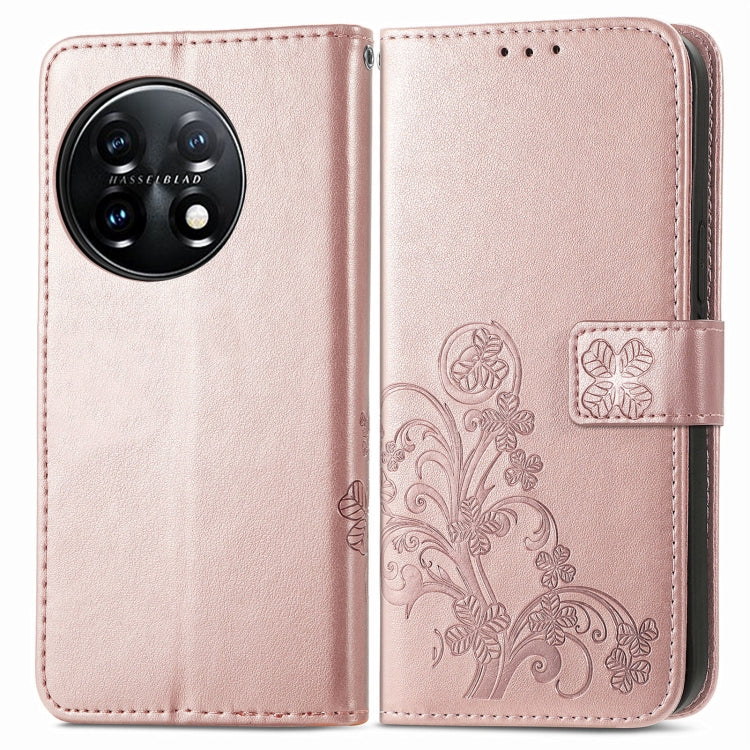 For OnePlus 11 Four-leaf Clasp Embossed Buckle Leather Phone Case(Rose Gold) - OnePlus Cases by buy2fix | Online Shopping UK | buy2fix