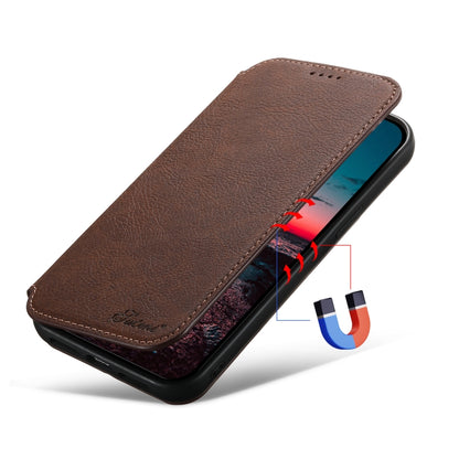 For iPhone 14 Pro Suteni J06 Retro Matte Litchi Texture Leather Magnetic Magsafe Phone Case(Brown) - iPhone 14 Pro Cases by Suteni | Online Shopping UK | buy2fix