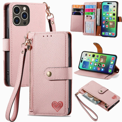 For iPhone 16 Pro Love Zipper Lanyard Leather Phone Case(Pink) - iPhone 16 Pro Cases by buy2fix | Online Shopping UK | buy2fix