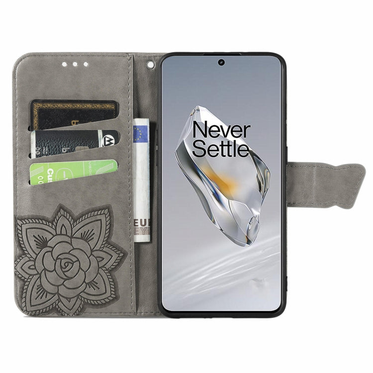 For OnePlus 12 Butterfly Love Flower Embossed Leather Phone Case(Gray) - OnePlus Cases by buy2fix | Online Shopping UK | buy2fix