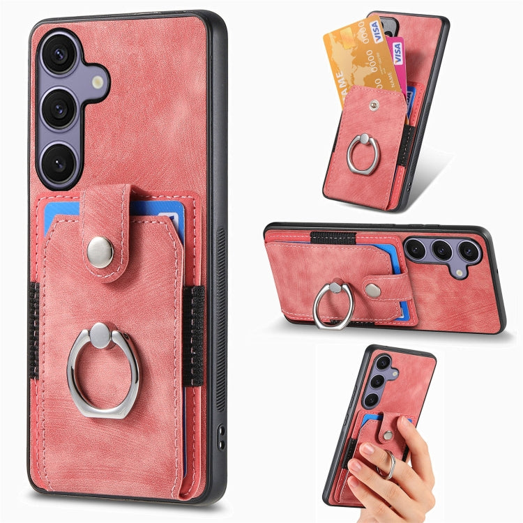 For Samsung Galaxy S25 5G Retro Skin-feel Ring Card Wallet Phone Case(Pink) - Galaxy S25 5G Cases by buy2fix | Online Shopping UK | buy2fix