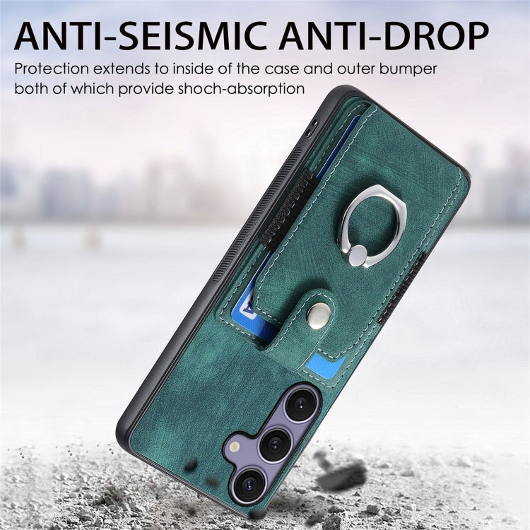 For Samsung Galaxy S25 5G Retro Skin-feel Ring Card Wallet Phone Case(Green) - Galaxy S25 5G Cases by buy2fix | Online Shopping UK | buy2fix