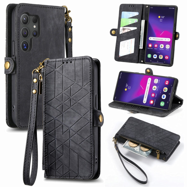 For Samsung Galaxy S24 Ultra 5G Geometric Zipper Wallet Side Buckle Leather Phone Case(Black) - Galaxy S24 Ultra 5G Cases by buy2fix | Online Shopping UK | buy2fix