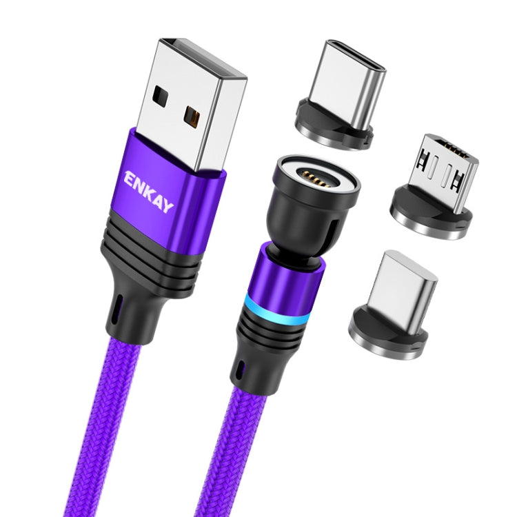 ENKAY 3 in 1 3A USB to Type-C / 8 Pin / Micro USB Magnetic 540 Degrees Rotating Fast Charging Cable, Length:1m(Purplele) - Charging Cable & Head by ENKAY | Online Shopping UK | buy2fix