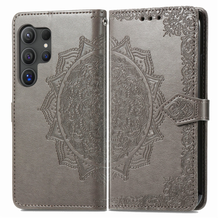 For Samsung Galaxy S24 Ultra 5G Mandala Flower Embossed Leather Phone Case(Gray) - Galaxy S24 Ultra 5G Cases by buy2fix | Online Shopping UK | buy2fix