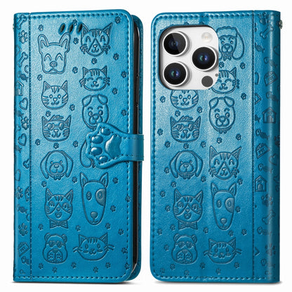 For iPhone 16 Pro Cat and Dog Embossed Leather Phone Case(Blue) - iPhone 16 Pro Cases by buy2fix | Online Shopping UK | buy2fix